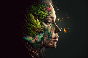 mother nature concept seamlessly merged with beautiful face portrait of a young woman. ai generated