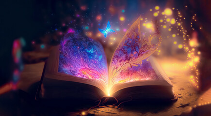 Open magic book with growing lights, magic powder, butterflies. Magic book of elves in the fairy forest. digital art, generative ai	