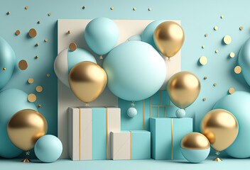 Wall Mural - Holiday celebration background with blue Gold balloons, gifts and confetti. Happy holiday greeting card, party banner, invitation or certificates with copy space	