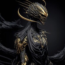 Portrait Of A Statue Of The Demon Lord Of Dragons Made Of Sincere Gold, Black Matte Material And Black Matte Stone. Ai Generative. Digital Painting Concept Art.