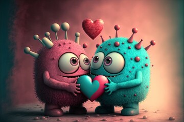 love between of two cute baby robots cartoon style.Valentine`s day theme., generative ai	