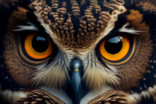 Extreme Close Up Of Owl Eyes Front View Looking At Camera. Generative AI