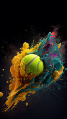 Wall Mural - Tennis ball colorful splash on black illustration sport vertical banner with copy space. Generative AI graphic