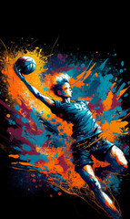 Rugby sport player colorful splash vertical banner on black illustration with copy space. Generative AI graphic