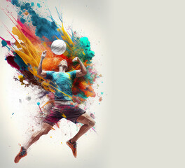 Wall Mural - Volleyball sport player colorful splash horizontal banner on white illustration with copy space. Generative AI graphic