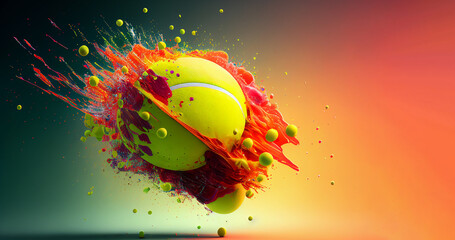 Wall Mural - Tennis ball yellow close up splash on red clay courts illustration sport horizontal banner with copy space. Generative AI graphic