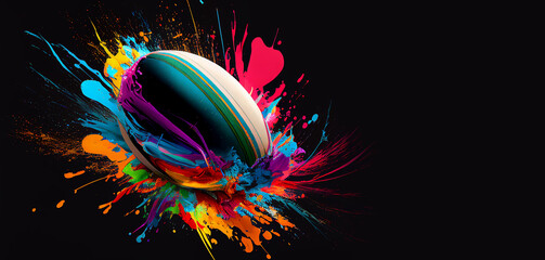 Wall Mural - Rugby ball colorful splash on black illustration sport horizontal banner with copy space. Generative AI graphic