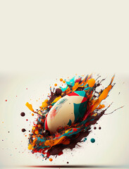Wall Mural - Rugby ball colorful splash on white illustration sport vertical banner with copy space. Generative AI graphic