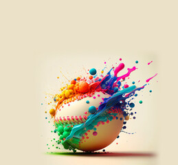 Wall Mural - Baseball ball colorful splash on white illustration sport banner with copy space. Generative AI graphic