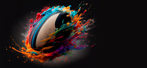 Wall Mural - Rugby ball colorful splash on black illustration sport horizontal banner with copy space. Generative AI graphic