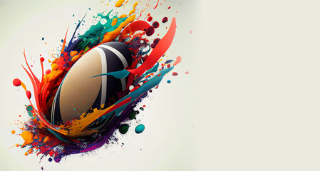 Wall Mural - Rugby ball colorful splash on white illustration sport horizontal banner with copy space. Generative AI graphic