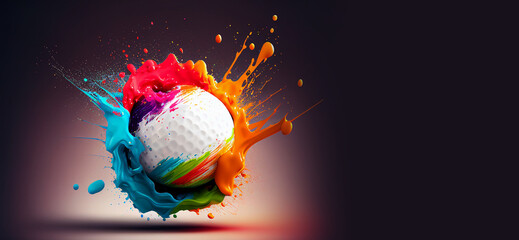 Wall Mural - Golf ball colorful splash on black illustration sport horizontal banner with copy space. Generative AI graphic