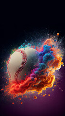 Wall Mural - Baseball ball colorful splash on black illustration sport vertical banner with copy space. Generative AI graphic