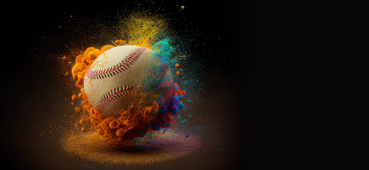 Wall Mural - Baseball ball colorful splash on black illustration sport banner with copy space. Generative AI graphic