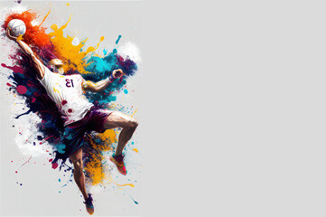 Wall Mural - Volleyball sport player colorful splash horizontal banner on white illustration with copy space. Generative AI graphic