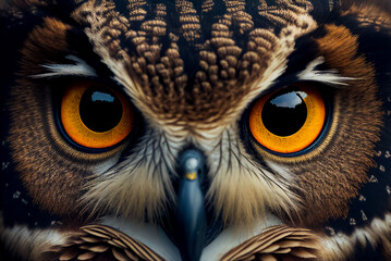 Wall Mural - extreme close up of owl eyes front view looking at camera. generative ai