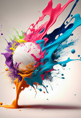 Wall Mural - Volleyball ball colorful splash on white illustration sport vertical banner with copy space. Generative AI graphic