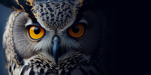 Wall Mural - extreme close up of owl eyes front view looking at camera banner with copy space. generative ai