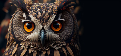 Wall Mural - extreme close up of owl eyes front view looking at camera banner with copy space. generative ai