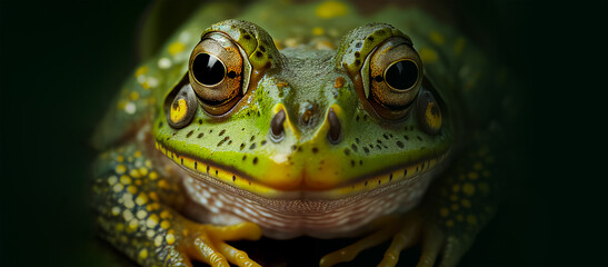 Wall Mural - extreme close up of green frog eye front view looking at camera horizontal banner with copy space. g
