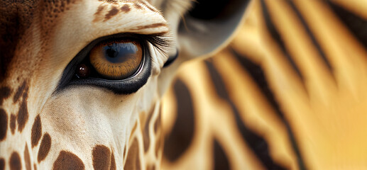 extreme close up of giraffe eye front view looking at camera horizontal banner with copy space. gene