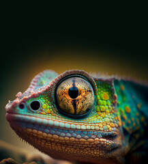 Wall Mural - extreme close up of green chameleon eye front view looking at camera vertical banner with copy space