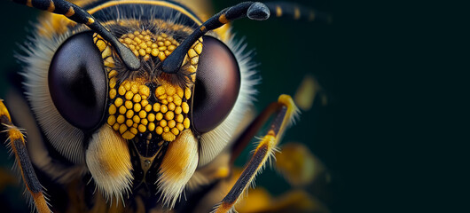 Wall Mural - extreme close up of bee eyes front view looking at camera banner with copy space. generative ai