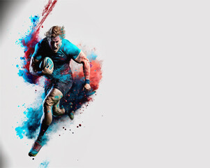 Wall Mural - Rugby sport player colorful splash horizontal banner on white illustration with copy space. Generative AI graphic