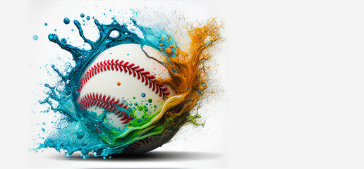 Wall Mural - Baseball ball colorful splash on white illustration sport banner with copy space. Generative AI graphic
