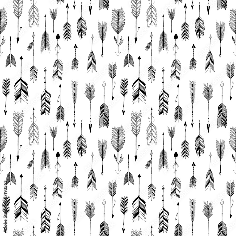 Hand drawn arrows seamless patter. Black and white vector artistic ...