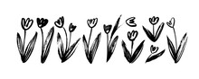 Abstract Simple Tulips Isolated On White Background. Brush Drawn Vector Tulips With Leaves. Sketchy Style Floral Silhouettes Clip Arts. Childish Drawing Of Spring Flowers. Black And White Illustration