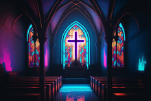 Neon Church Interior, Pews, Altar, Cross, Stained Glass Generative AI