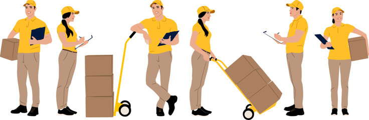 Wall Mural - Set of hand-drawn warehouse workers holding boxes with a clipboard. Delivery man and woman with cargo carts. Vector flat style illustration isolated on white. Full-length view