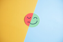 Happy Smiley Face Hiding Or Behind Sad Face, Change Emotion Bipolar And Depression, Mental Health Concept, Personality, Mood Change, Therapy Healing Split Concept...