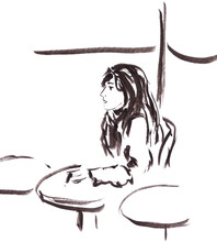 Girl In A Cafe, Travel Sketch, Graphic Drawing
