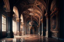 Fantasy Victorian Ballroom Inside Of An Aristocratic Palace. Gold Pillars With Polished Marble Floors, Luxurious Ornaments And Classic Renaissance Style. Interior Space Of A Classic. Generative AI