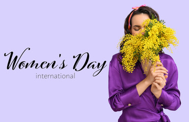 Wall Mural - Beautiful young woman with bouquet of mimosa flowers on lilac background. International Women's Day