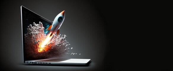 Wall Mural - rocket taking off from laptop screen on black background with copy space on the side, startup concep