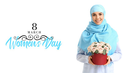 Wall Mural - Beautiful Muslim woman with rose flowers on white background. International Women's Day celebration