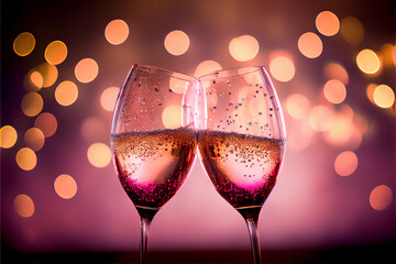 Valentine's day celebration toast, pink champagne glasses close up, bokeh lights background. AI generative