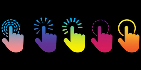 Poster - Fingers cursors black background. Multicolored fingers cursors. Computer mouse. Vector illustration.