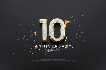 Wall Mural - Simple elegant design, 10th anniversary celebration with luxurious shiny glitter numbers. Premium vector background for greeting and celebration.