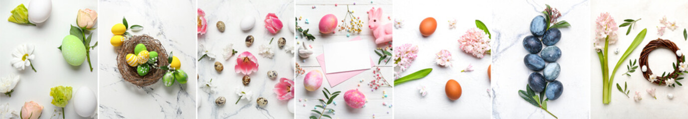 Sticker - Festive collage for Easter celebration with spring flowers and eggs on white background