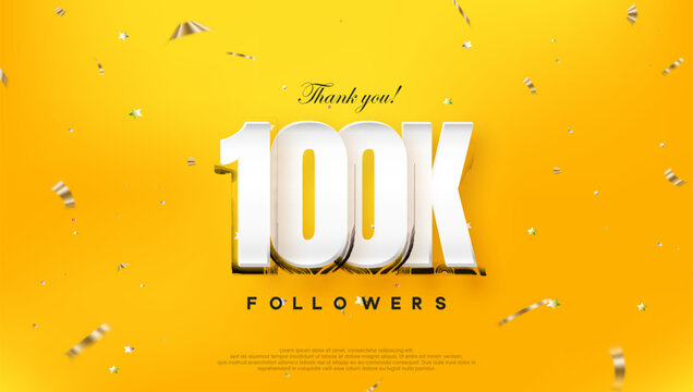 Thank you 100k followers, on a bright yellow background. Premium vector for poster, banner, celebration greeting.