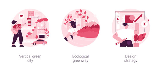 Poster - Environmental urban solutions abstract concept vector illustration set. Vertical green city, ecological greenway, design strategy, space-saving eco solution, landscape ecology abstract metaphor.