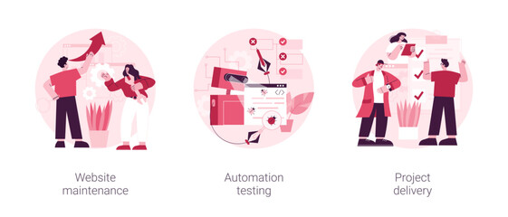 Poster - Web development and support abstract concept vector illustration set. Website maintenance, automation testing, project delivery, time and budget, security analysis and update abstract metaphor.
