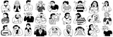 Fototapeta Dziecięca - Big collection of various people's facial emotion expression, happy, sad, shocked, scared, angry, laughing, crying, etc. Outline, hand drawn sketch, black and white ink style. 