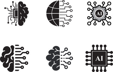 Set of Artificial intelligence brain icons on white background. Technology and engineering concept, data connection and future technology. Modern thinking concepts.