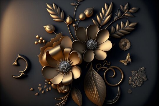 3D golden floral background, abstract 