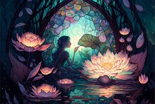 Beautiful Crystalline Water And Stained Glass Glowing Lotus Flowers Sparkles Sunstreaks Gustav Klimt Dan Mumford Cyril Rolando MW Kaluta Louis Comfort Tiffany Swarovski Hyperdetailed Hyperrealistic 